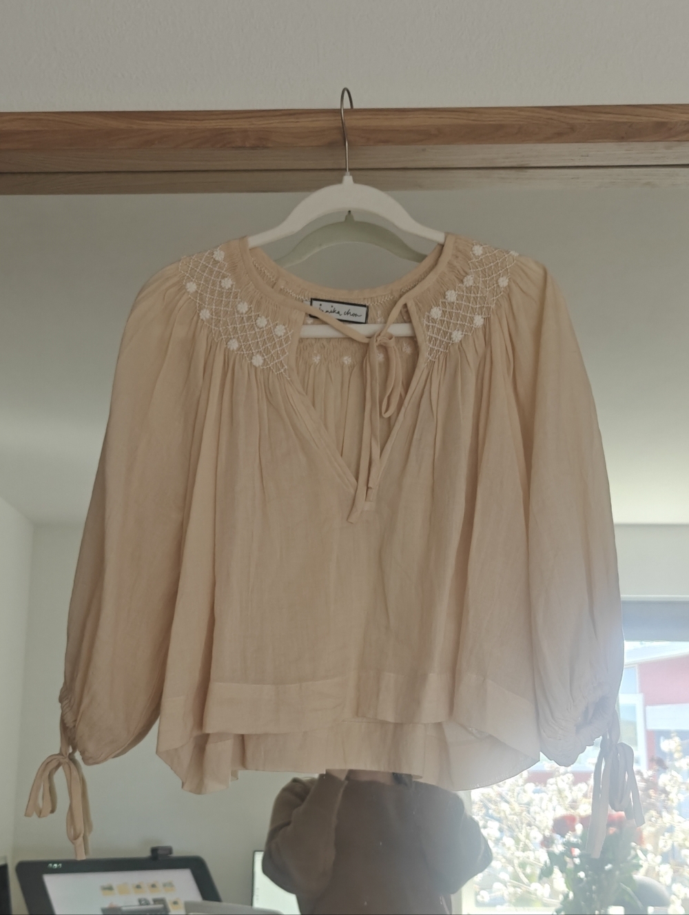 Women's Cream Peasant Blouse with Embroidered Yoke